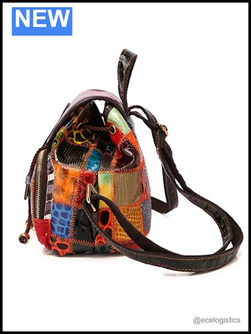 Genuine Leather Patchwork Bohemian Backpack with Removable Adjustable Strap,